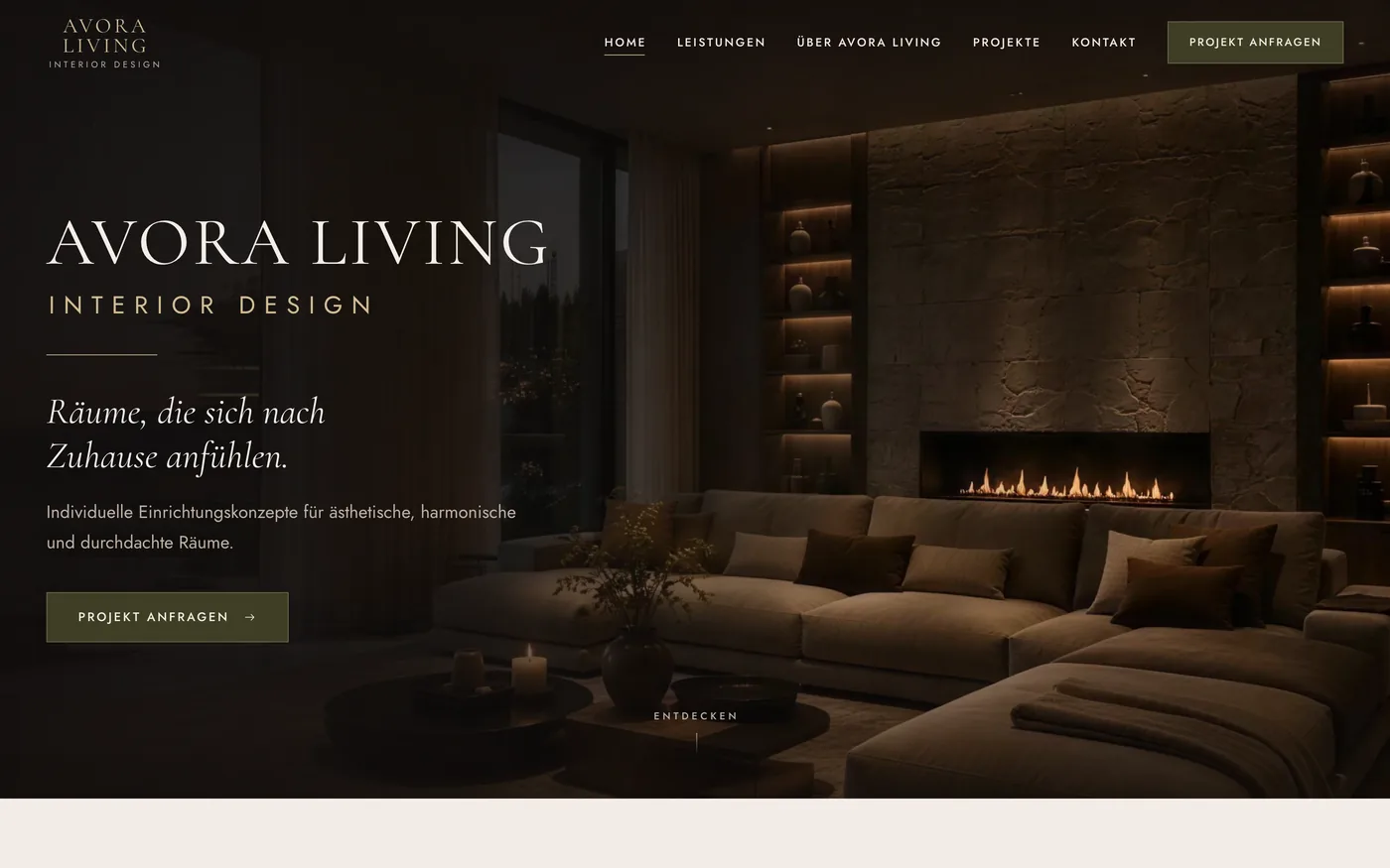 Startseite der Website von Avora Living