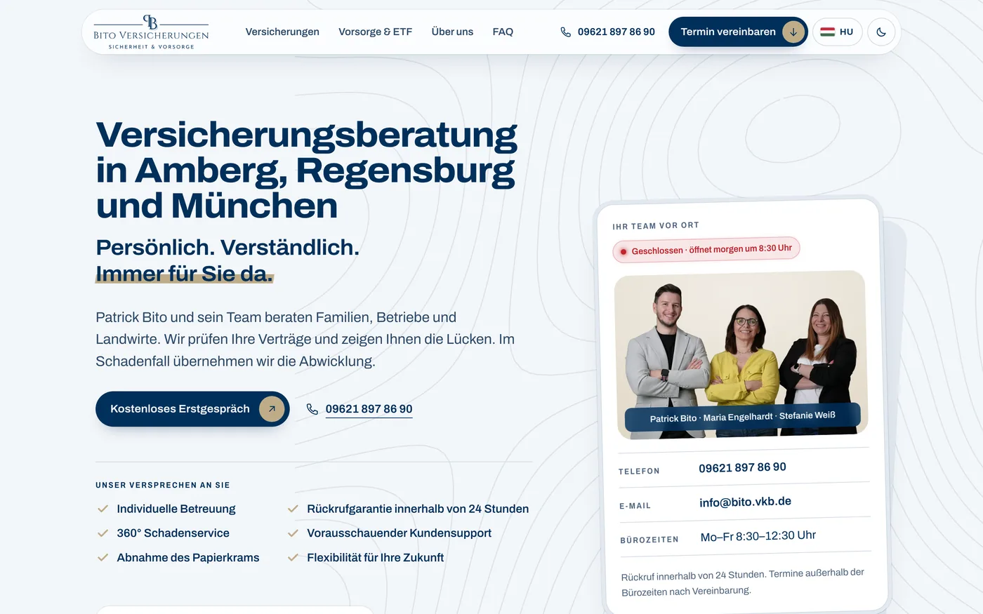 Startseite der Website des Versicherungsbüros Patrick Bito